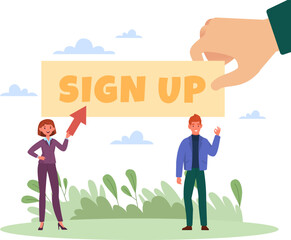 Online registration, account creation. Authorization on website and app, user profile. Man and woman hold plate with text sign up. Illustration for UI. Vector cartoon flat concept