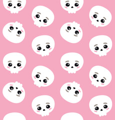 Fototapeta premium Vector seamless pattern of hand drawn flat kawaii skull isolated on pink background