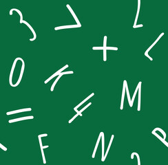 Vector seamless pattern of hand drawn sketch doodle numbers and letters isolated on green background