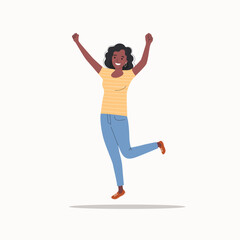 Young woman with dark skin jumped up. Flat style cartoon vector illustration.