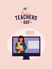 Happy Teacher's day typography, an Indian women teacher teaching an online class. Online educational vector 