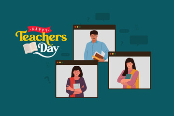 Fototapeta na wymiar Happy Teacher's day typography, an Indian teacher teaching an online class. and online educational vector 