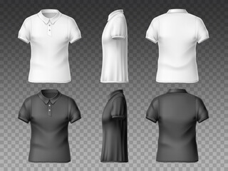 Realistic t-shirt front back and side. Different view angles empty print white and black polo mockup, sport and casual textile clothing template, collar and short sleeves, utter vector set