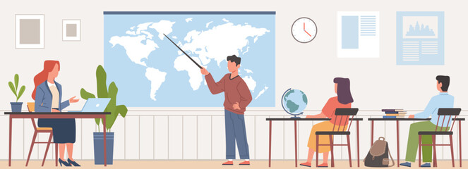 Teacher in classroom. Student answers at blackboard, geography lesson, boy with pointer, world map, kids learning, school college or university class nowaday vector cartoon flat concept