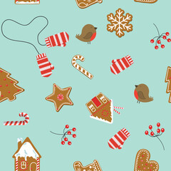 Christmas elements seamless pattern with gingerbread cookies, holly and birds on a blue background. Seamless vector illustration.