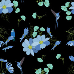 Seamless, summer vector illustration with flowers and birds on a black background.