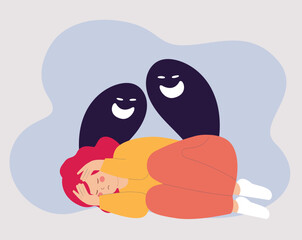 Obraz premium Scared woman lying on the ground with Schizophrenia. Schizophrenic teenage girl looks scared and terrified. Female has anxiety, fear and panic. Concept of Split Personality, phobias and mental health.