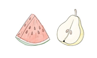 Delicious, juicy pear and juicy ripe watermelon slice - watercolor drawing of the fruits. Summer fruits engraved style illustration.