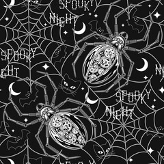 Monochrome seamless halloween pattern with metallic robot spider, spider web, silhouette of cat, bat, crescent, stars. Creative fantasy concept