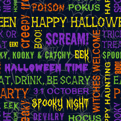 Seamless halloween text pattern with slogans, quotes. phrases, common holiday words. Spiderweb behind in grunge style. Various grunge fonts. Funny bright background for textile, fabric, surface design