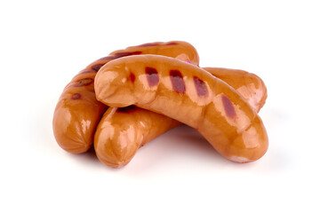 Roasted bavarian sausages, isolated on white background.