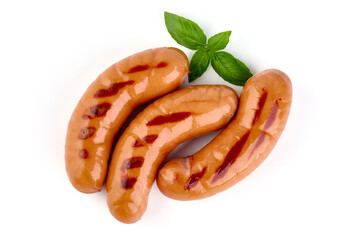 Grilled german sausages, bratwurst, isolated on white background.