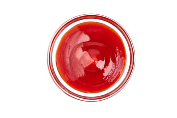 Red tomato sauce, top view, isolated on white background.