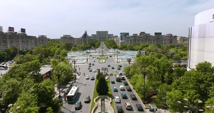 Aerial view of Unirii Square, Bucharest Romania on a sunny day.