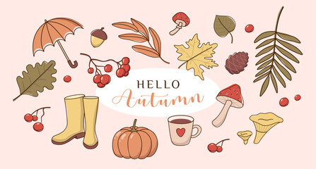 Vector set of autumn icons: hand drawn fallen leaves, cup, mushrooms, rowan, acorn, umbrella, rubber boots, fern, pumpkin. Doodle collection of fall season elements. Flat cartoon illustration