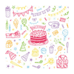 Birthday party elements vector set. Happy birthday. Birthday elements. Hand Drawn Doodle birthday cake, sweets, bunting flag, balloons, gift, festive paper cap, festive attributes
