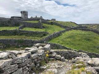 Ruins of O'Brien's Castle panorama on Inis Oirr (Inisheer), Aran islands, Ireland. Best Irish tourist destinations and attractions. Ancient Irish architecture, famous Ireland ruins