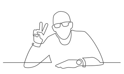 Continuous line drawing of man showing victory sign. Vector illustration.