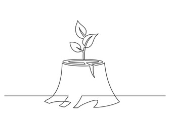 Continuous line drawing of tree stump with sprout. Vector illustration.