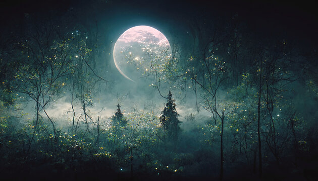 Halloween background, Full Moon on the skies in night mysterious misty forest, abstract natural backgrounds, copy space.