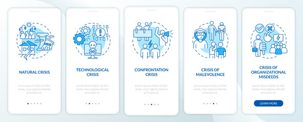 Types of crisis blue onboarding mobile app screen. Business risks walkthrough 5 steps editable graphic instructions with linear concepts. UI, UX, GUI template. Myriad Pro-Bold, Regular fonts used