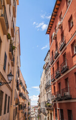 Exterior view of beautiful historical buildings in Madrid, Spain, Europe. Colorful Mediterranean...