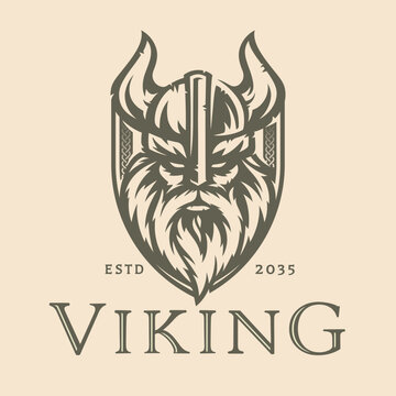 Norse viking logo design. Nordic warrior shield symbol. Horned Norseman emblem. Odin horn helmet and beard. Brand identity vector illustration.