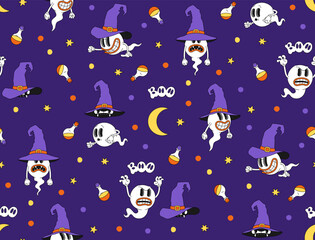 Halloween vector cartoon seamless pattern. Magic characters on purple background. Illustration in funny comic style, flat design.