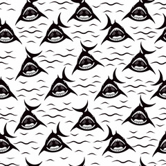 Toothy fish shark on a white background, seamless pattern for textile print cover fabric, decoration packaging design. Marine pattern childrens flat illustration
