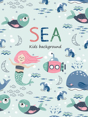 Funny cartoon mermaid, submarine , whales, seals and fish. Vector illustration. Children's print.