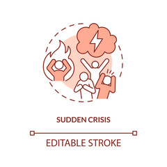Sudden crisis red concept icon. Unexpected trouble. No warning. Type of crisis abstract idea thin line illustration. Isolated outline drawing. Editable stroke. Arial, Myriad Pro-Bold fonts used