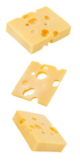 Maasdam cheese, pieces of falling, hanging, flying, soaring, isolated on white background with clipping path.