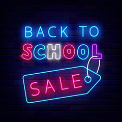 Obraz premium Back to school sale neon signboard. Shiny blue and pink alphabet. Vector stock illustration