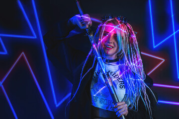 Cyber ​​girl in neon in cyberpunk style