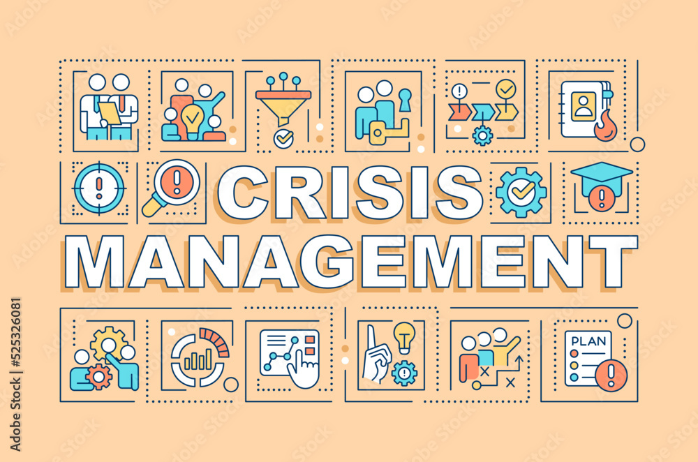 Poster crisis management word concepts yellow banner. business challenges. infographics with editable icons