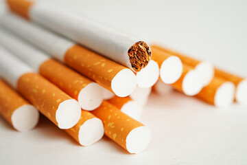 Cigarette, roll tobacco in paper with filter tube, No smoking concept.