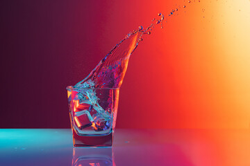 Ice cube falls into a transparent glass of water standing on mirror surface over gradient red orange background in neon light. Art, beauty, drinks