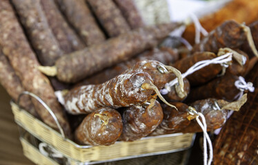 Dry sausage in a market