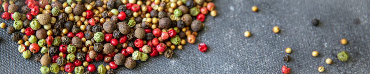 peppercorn 5 spices red, black, green and white pepper, coriander fresh food spice on the table copy space food background 