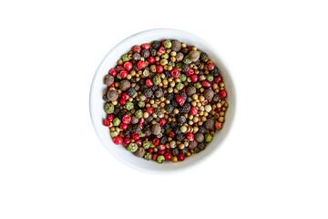 peppercorn 5 spices red, black, green and white pepper, coriander fresh food spice on the table copy space food background 