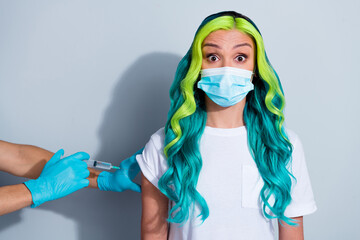 Photo of shocked vibrant gradient hair girl dressed t-shirt corona virus respirator doing...