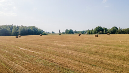 Aerial view of hay bales on the field after harvest. Landscape of straw bales on agricultural field. Countryside landscape.