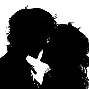 初恋の人とキスする若い男女のロマンチック切り絵風白黒イラスト白背景
