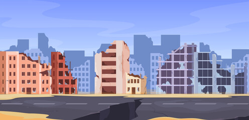 Abandoned city. Destroyed buildings, collapsed walls and broken windows. Consequences of catastrophes on buildings of various types. Vector illustration - obrazy, fototapety, plakaty