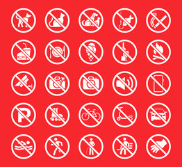 Set of prohibition icons. Prohibition warning. Red circle with oblique line. Vector illustration