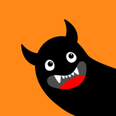 Monster peek from corner. Happy Halloween. Black head face silhouette. Cute Funny Kawaii cartoon baby character. Eyes, teeth, tongue. Sticker print. Boo. Flat design. Orange background.