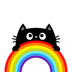 Cat holding rainbow. Black peeking kitten. Cute cartoon character. Valentines Day. Kawaii animal. Love Greeting card. LGBT flag color sign symbol. Sticker print. Flat design. White background.