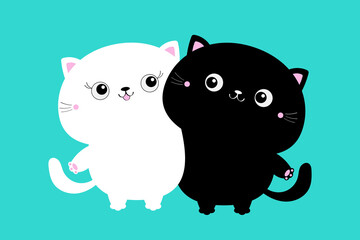 White black cat hugging family couple. Hug, embrace, cuddle. Girl Boy. Cute funny cartoon character. Happy Valentines day. Greeting card. Kitty kitten. Baby pet. Blue background. Flat design.