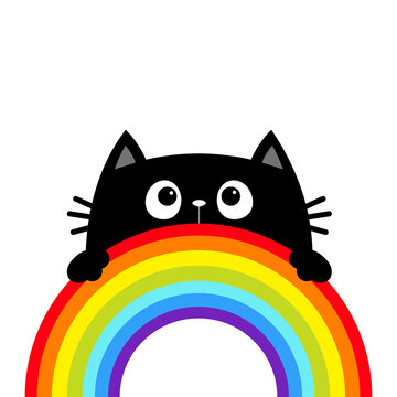 Cat holding rainbow. Black peeking kitten. Cute cartoon character. Valentines Day. Kawaii animal. Love Greeting card. LGBT flag color sign symbol. Sticker print. Flat design. White background.