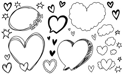 Cute doodle frames set decorative hearts, hand drawn isolated collection.